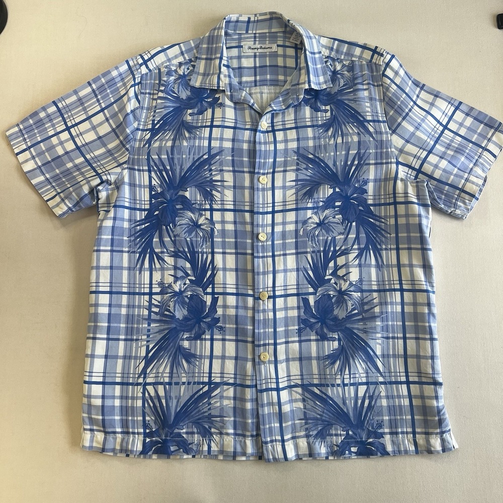 Tommy Bahama Mens Medium Blue Plaid Hibiscus Silk Linen Short Sleeve Shirt